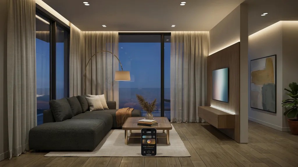Smart LED lighting creating adjustable ambient lighting in a modern living room.