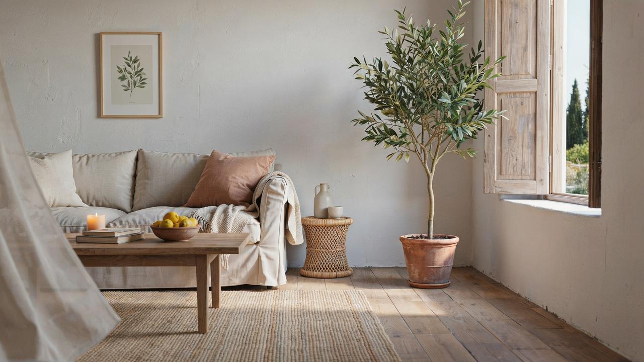 Mediterranean living room with a neutral sofa, woven pillows, wooden coffee table, and bright natural light.