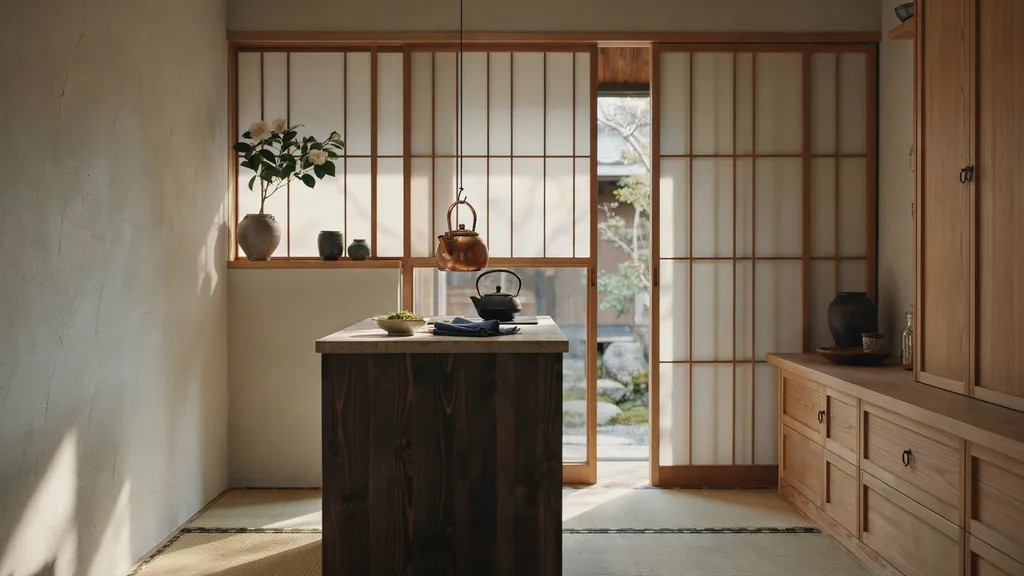 Traditional Japanese kitchen with Shoji sliding doors and natural wood finishes.