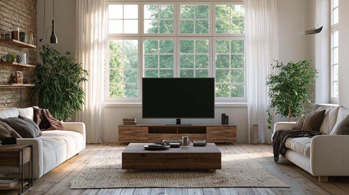 TV placed in front of a window with sheer curtains allowing natural light into a modern living room.