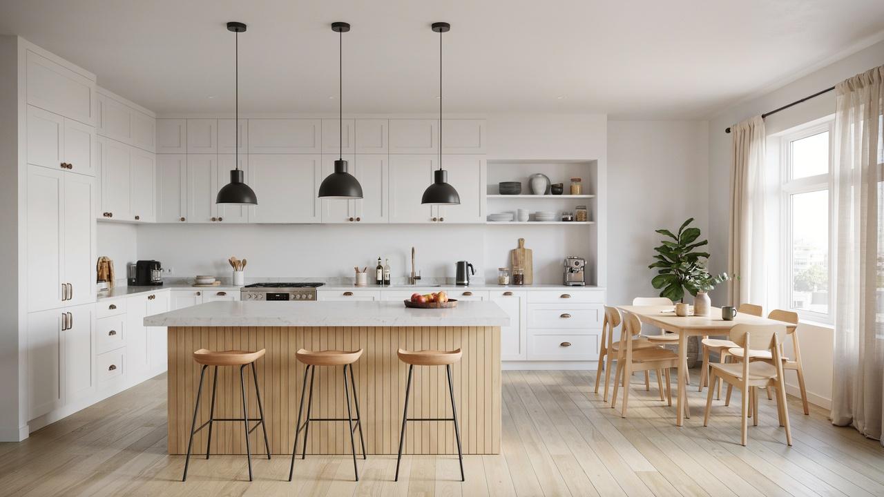 Half wall breakfast bar separating the kitchen and dining room with stools and a countertop.