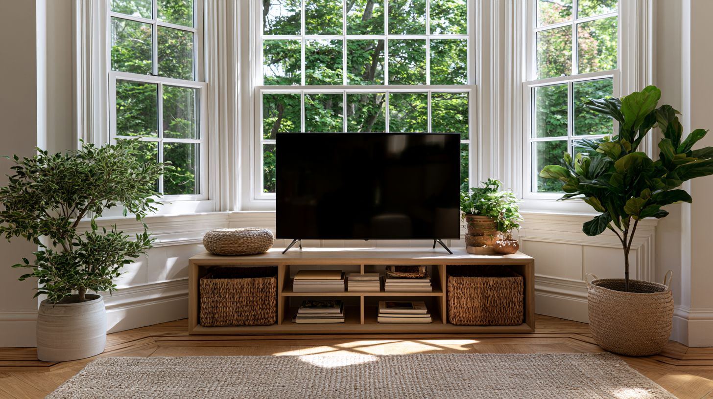 TV setup positioned near a bay window with decorative styling.