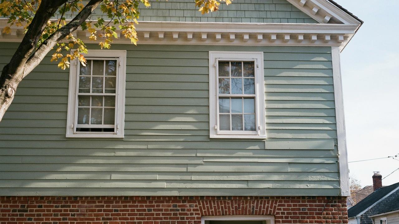 Wood-clad upper story of a Garrison style house.