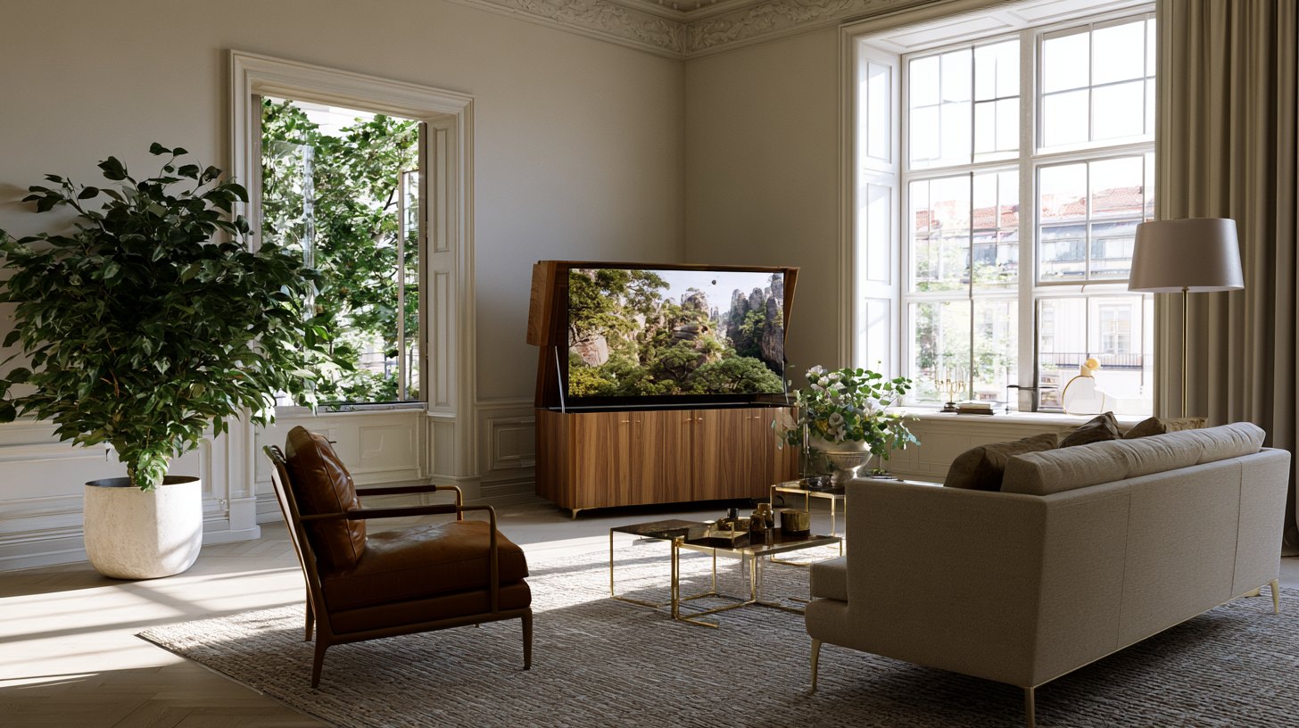 Hidden lift-up TV cabinet in a modern living room.
