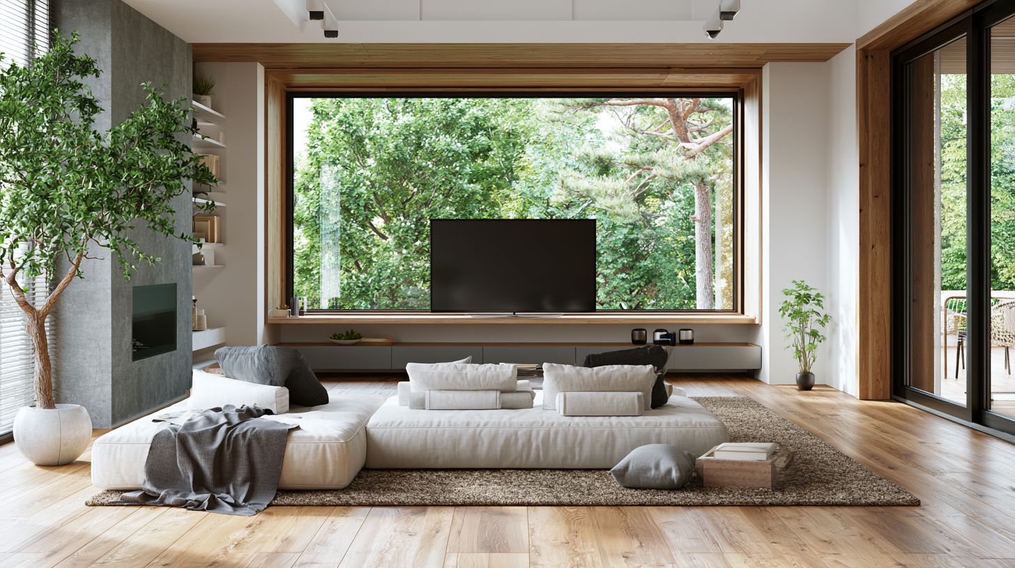Floating sofa layout facing a TV positioned in front of a window.