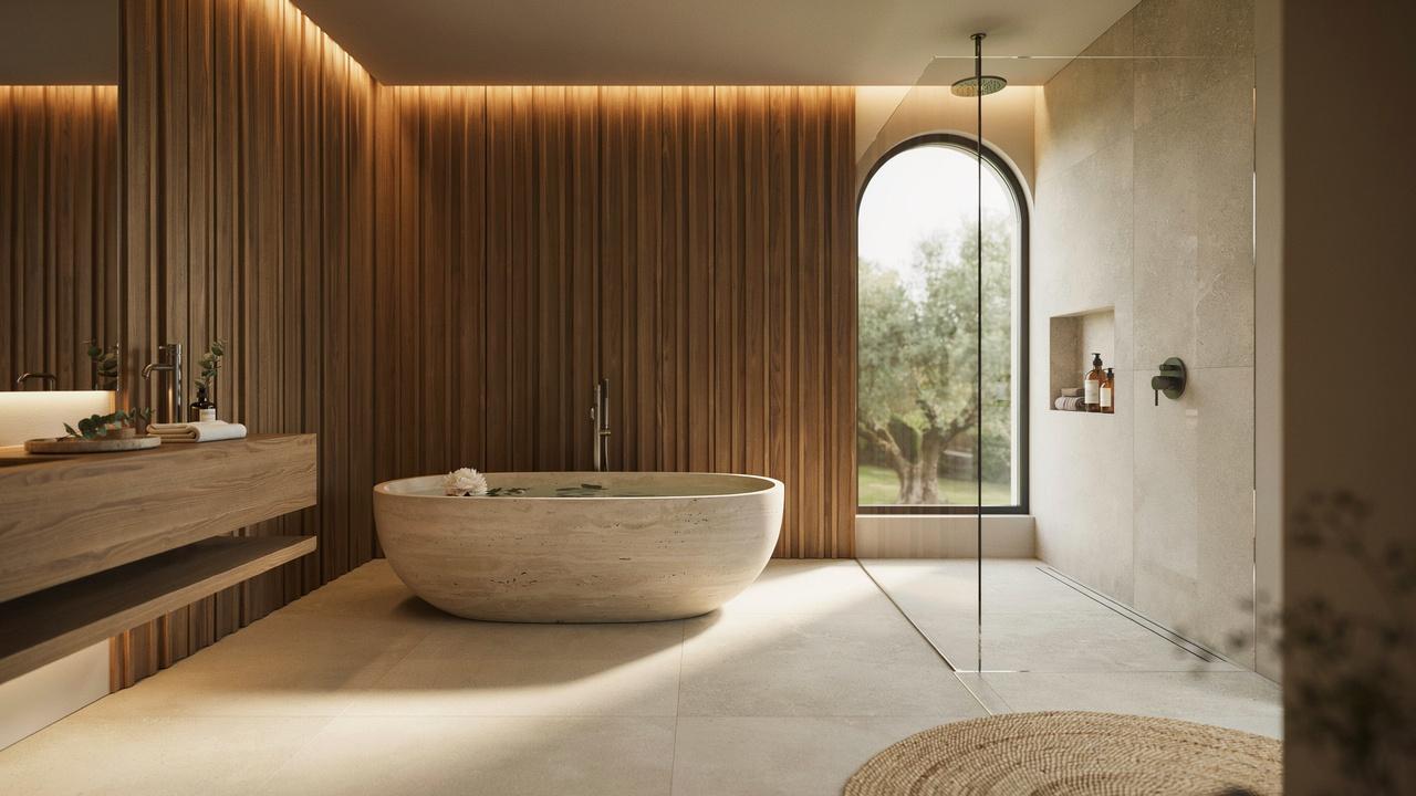Spa-inspired wet room with walk-in shower and freestanding tub.