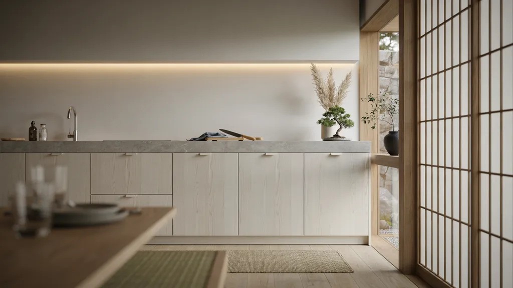 Zen-influenced Japanese kitchen with natural stone, wood finishes, and calming minimalist décor.