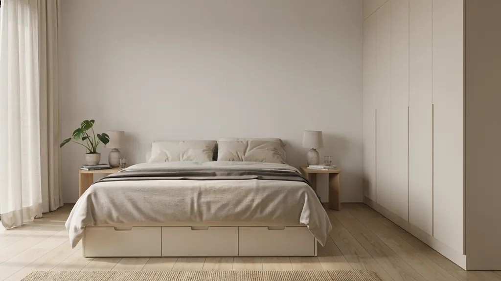 Functional bedroom with under-bed storage, built-in wardrobe, and minimalist furniture.