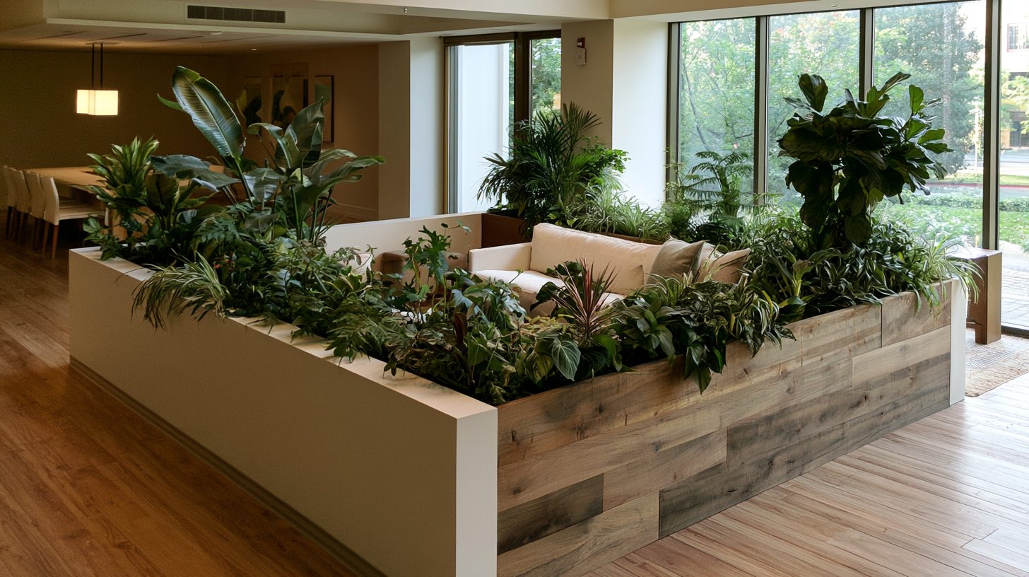 Half wall room divider with a built-in planter filled with indoor greenery.