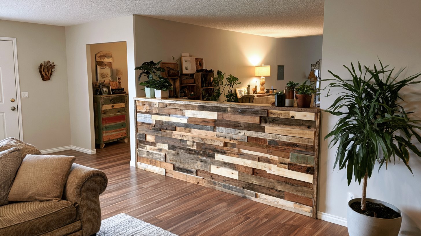 Rustic wood slat half wall divider in a farmhouse-style living room.
