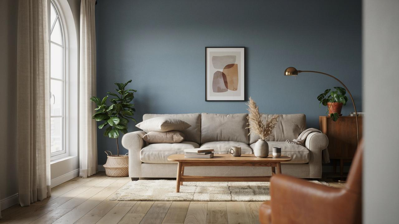 Living room with slate blue accent wall, beige furniture, and warm neutral decor.