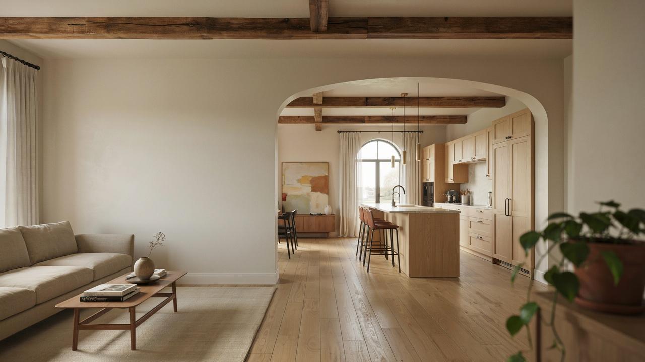 Modern Tudor open floor plan with preserved architectural details.