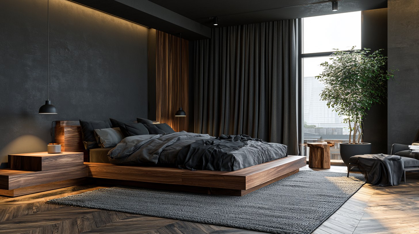 Dark minimalist bedroom with black walls, walnut furniture, and cozy ambient lighting.