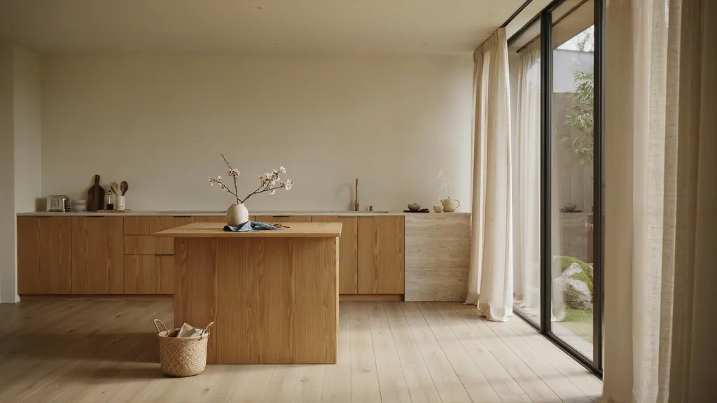 Minimalist Japanese kitchen featuring natural wood cabinets, stone countertops, and a calm Zen-influenced interior.