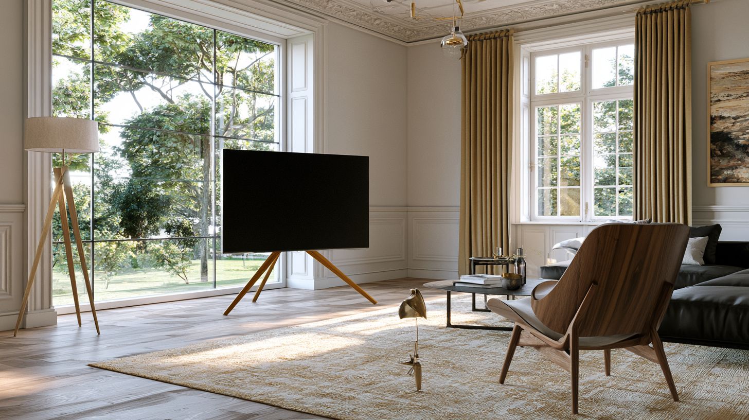 Flat-screen TV displayed on a wooden tripod stand in front of a window.