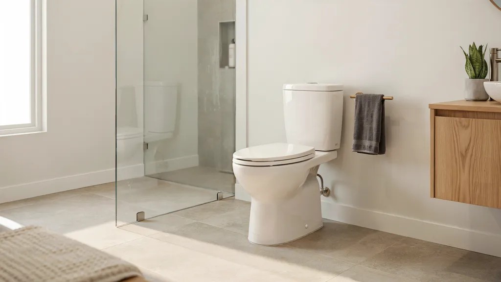 Modern water-efficient toilet installed in a compact contemporary 3/4 bathroom.