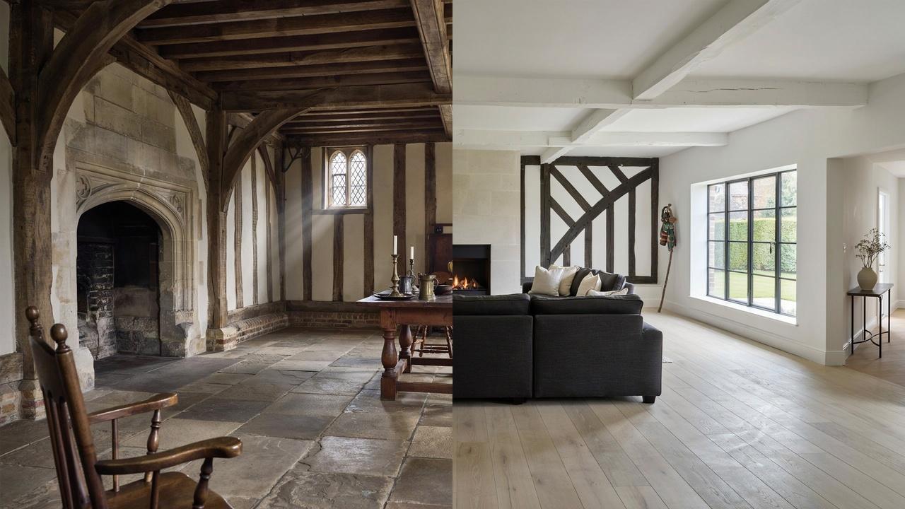 Comparison of traditional English Tudor and modern Tudor Revival interiors.