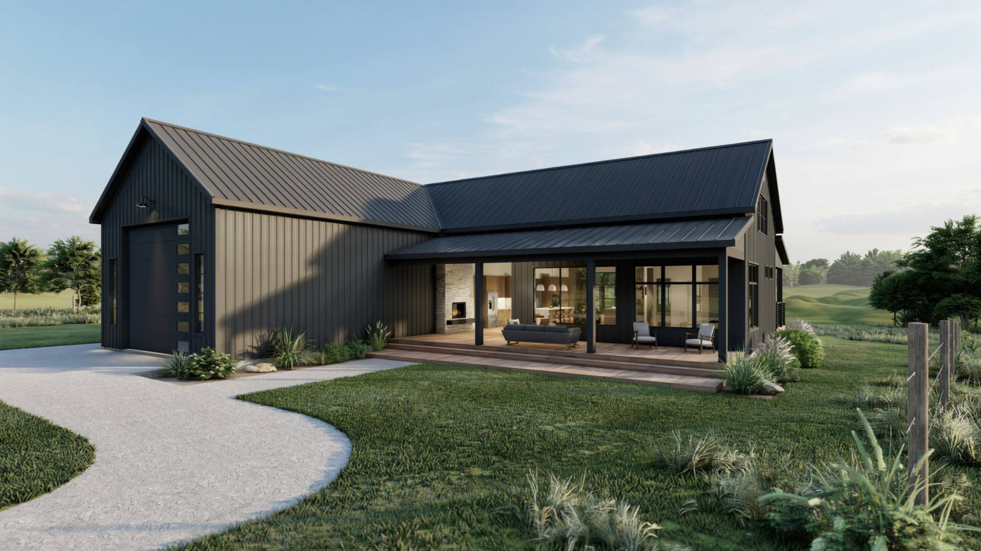 Modern steel-frame barndominium with metal siding, covered porch, and oversized garage.