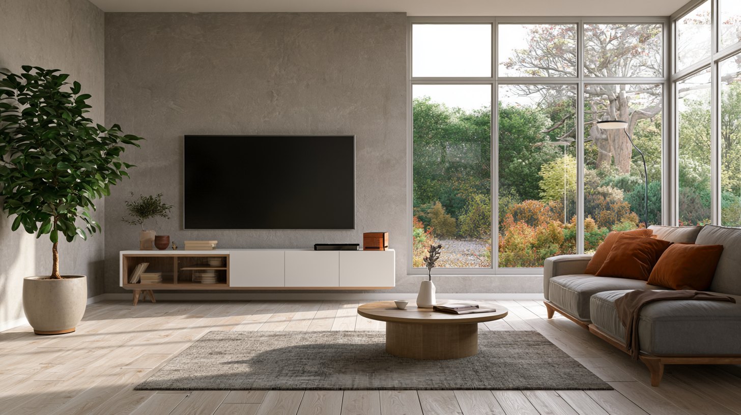 Clean TV setup with hidden cables near a window.