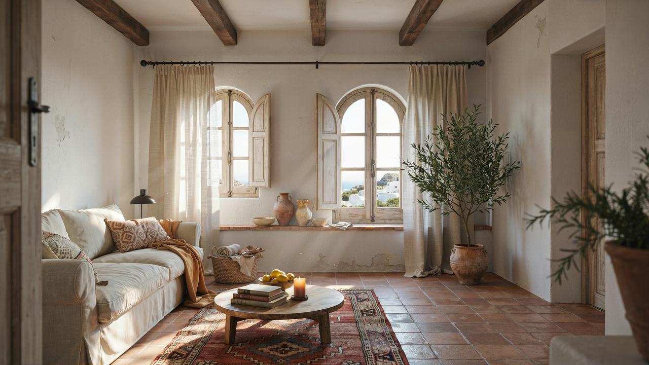 Mediterranean living room with terracotta floors, white walls, wooden beams, olive tree, and warm coastal-influenced decor.