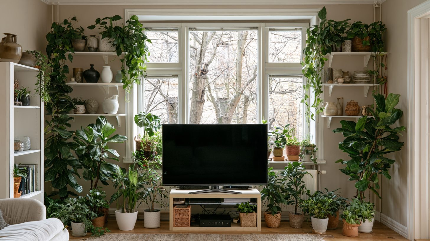 TV framed by indoor plants and decorative accessories.