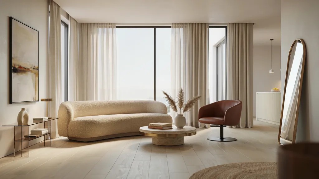 Contemporary home interior with curved furniture, neutral colors, and modern finishes.
