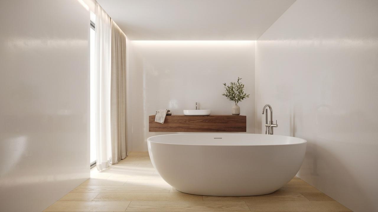High-gloss painted walls making a small bathroom feel brighter.