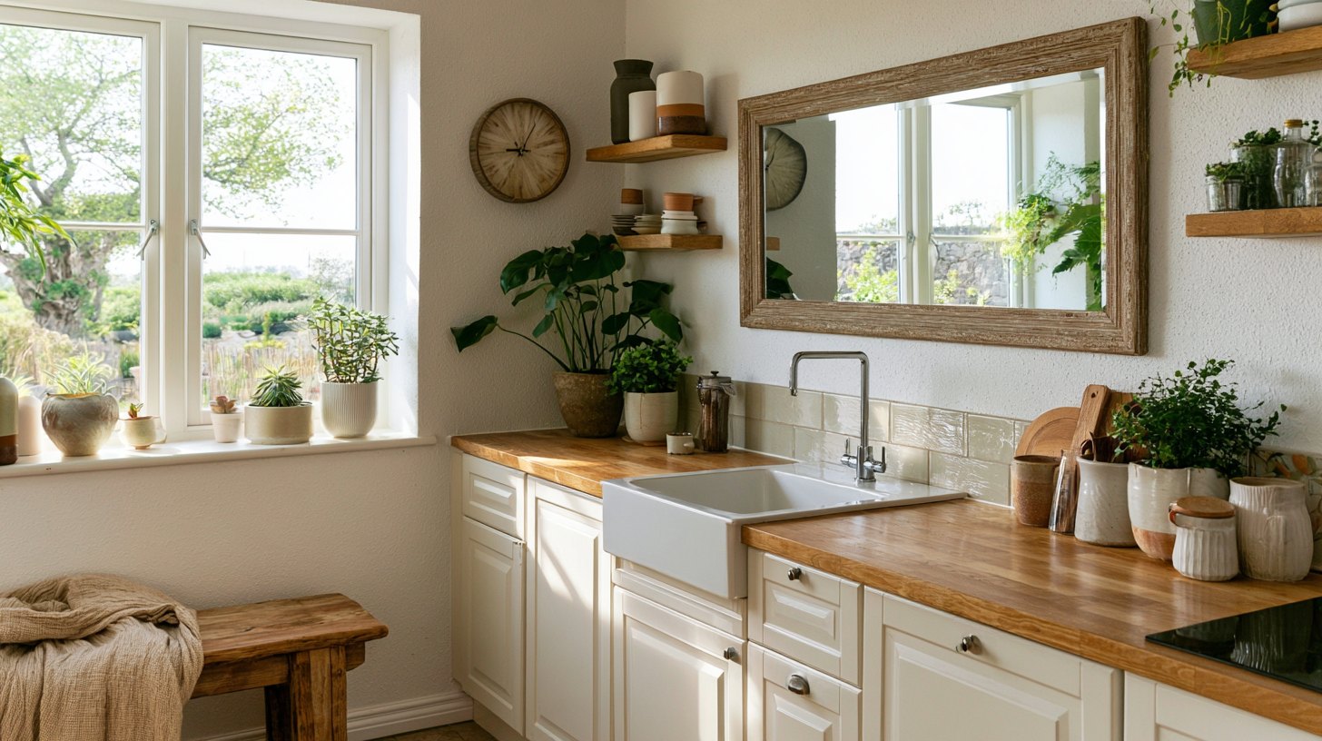 Mirror reflecting light in kitchen