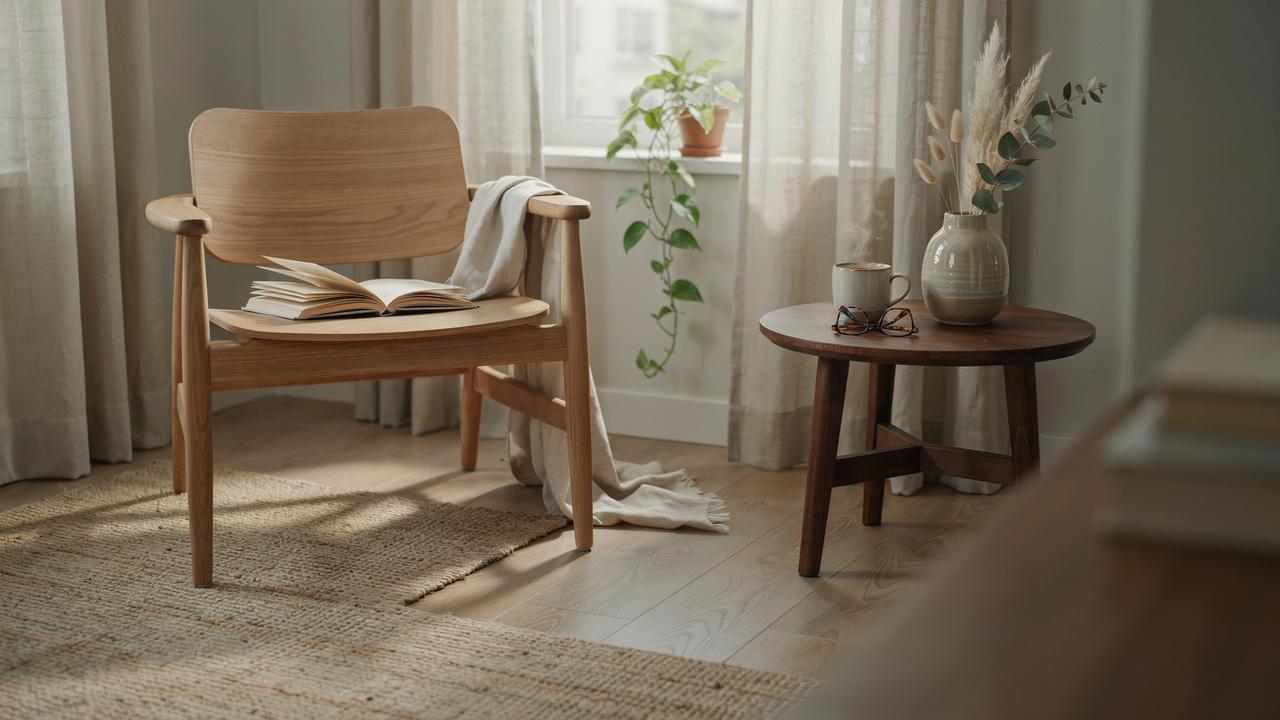 Cozy Japandi corner featuring wooden furniture, linen textiles, handmade ceramics, warm lighting, and balanced minimalist decor for comfort.