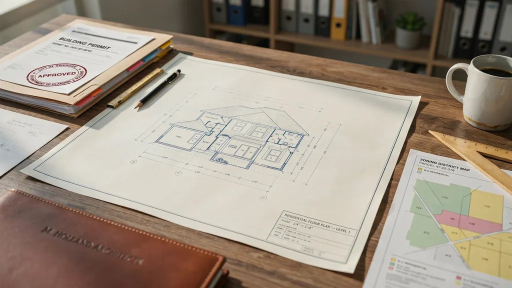 Building permits and approval documents for a custom home construction project.