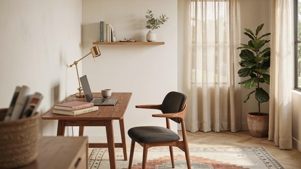 Home office with brown, charcoal, and natural wood furnishings.
