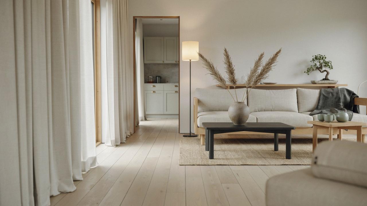 Japandi interior featuring Japanese simplicity, Scandinavian warmth, natural materials, soft lighting, and handcrafted furniture in harmonious living space.