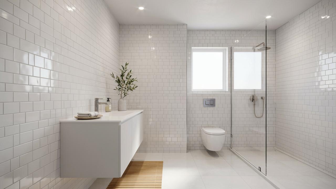 All-white 5x7 bathroom with matching fixtures and tiles.