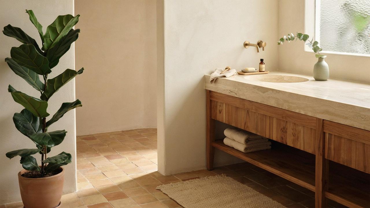 Bathroom with clay tiles, warm white walls, and natural wood accents.