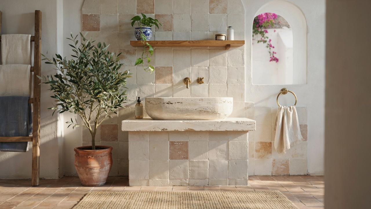 Mediterranean bathroom featuring handmade tiles, stone sink, brass fixtures, and a small indoor plant.
