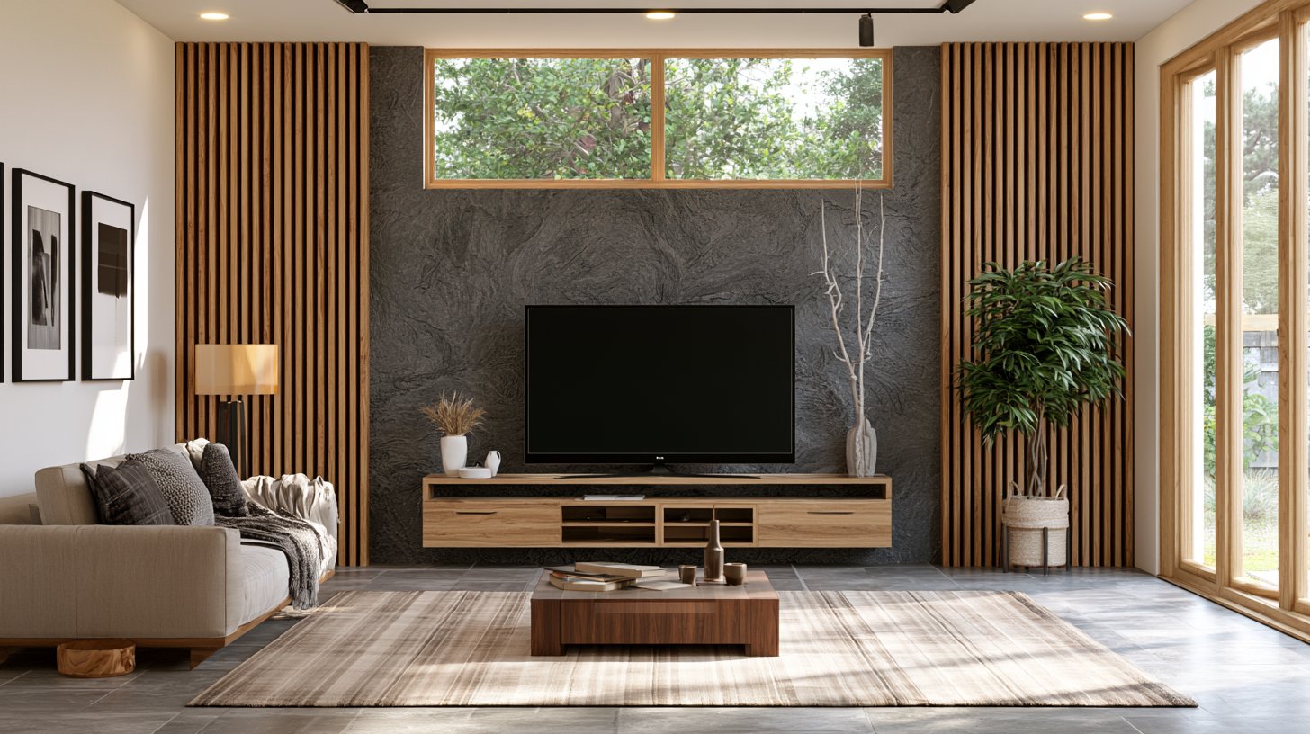 TV displayed on a textured feature wall with decorative accents.
