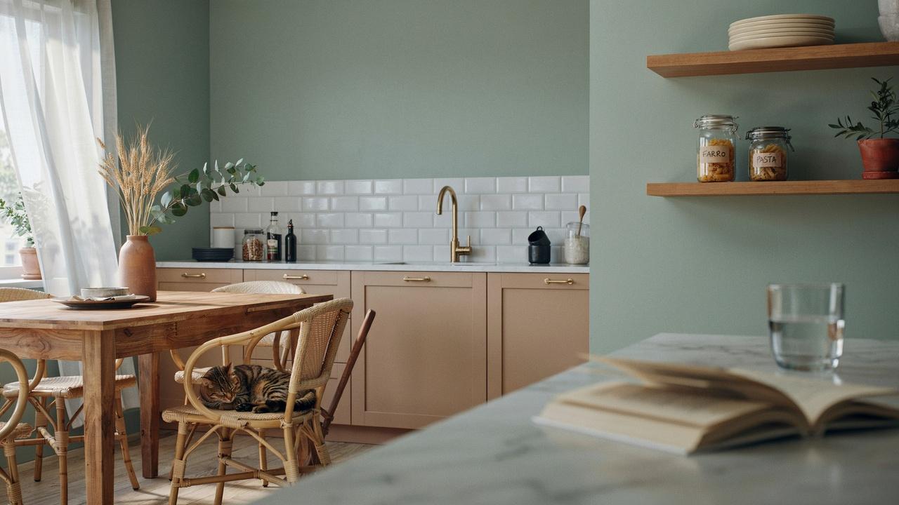 Kitchen with camel cabinets, sage green walls, and natural wood dining furniture.