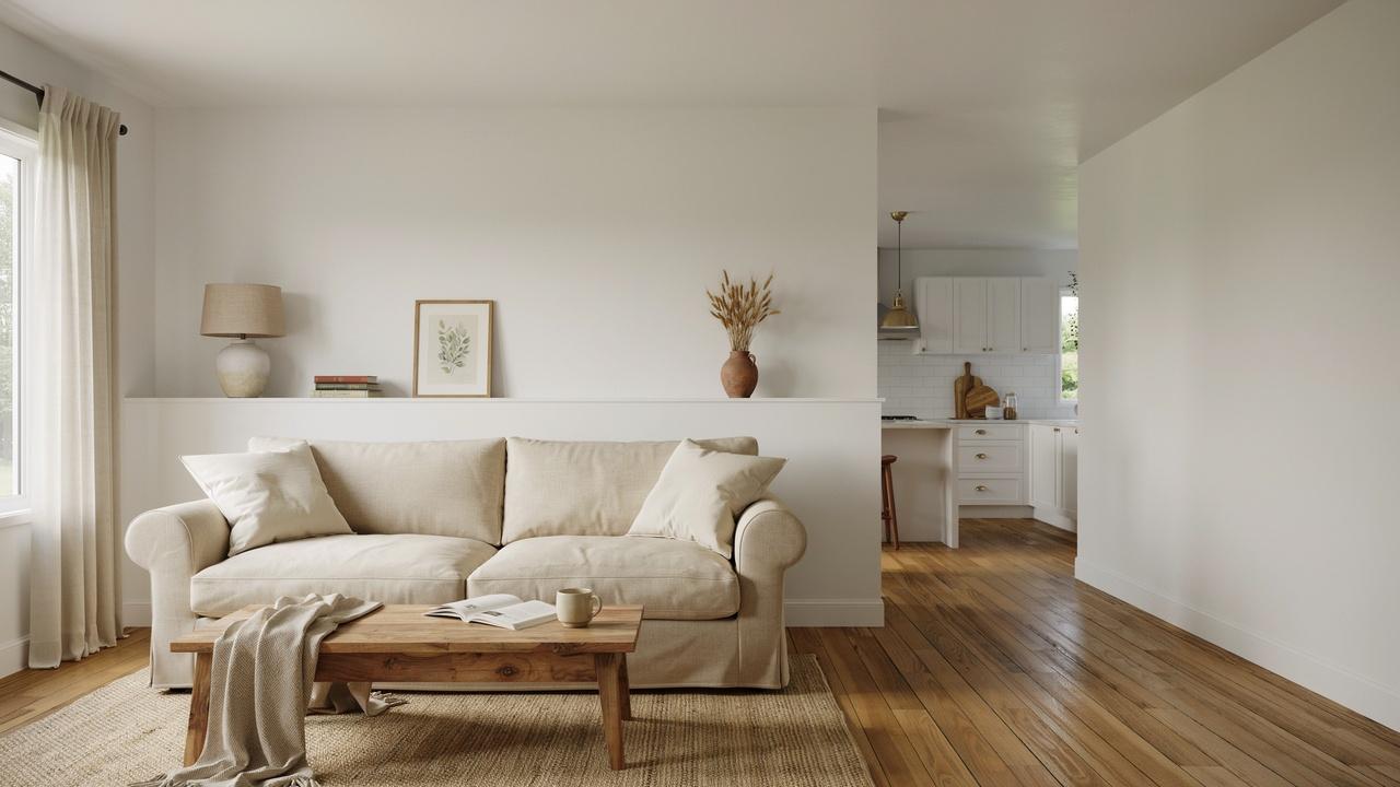 Classic pony wall behind a sofa separating the living room while maintaining an open layout.
