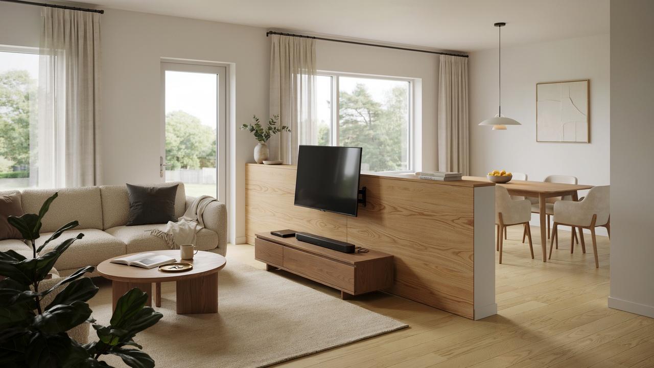 Half wall divider with a swivel TV mount serving both living and dining areas.
