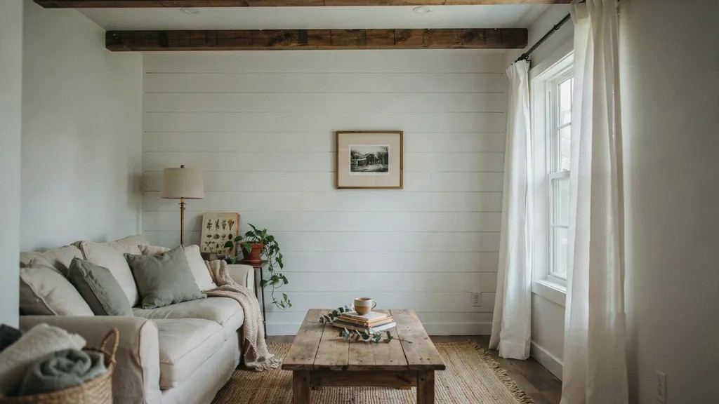 Farmhouse-style living room with reclaimed wood, white walls, and rustic décor.