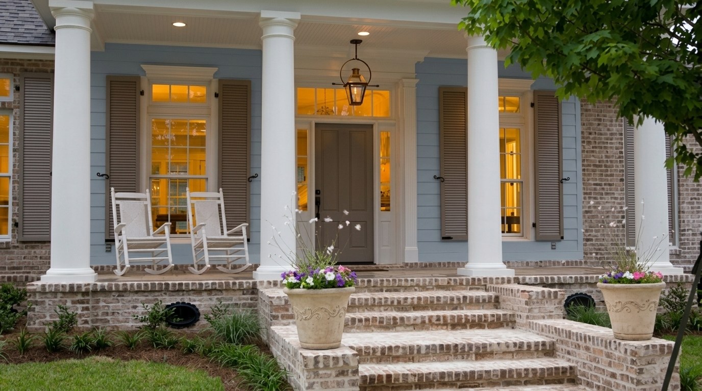 Multi-panel front door of a Garrison style house.