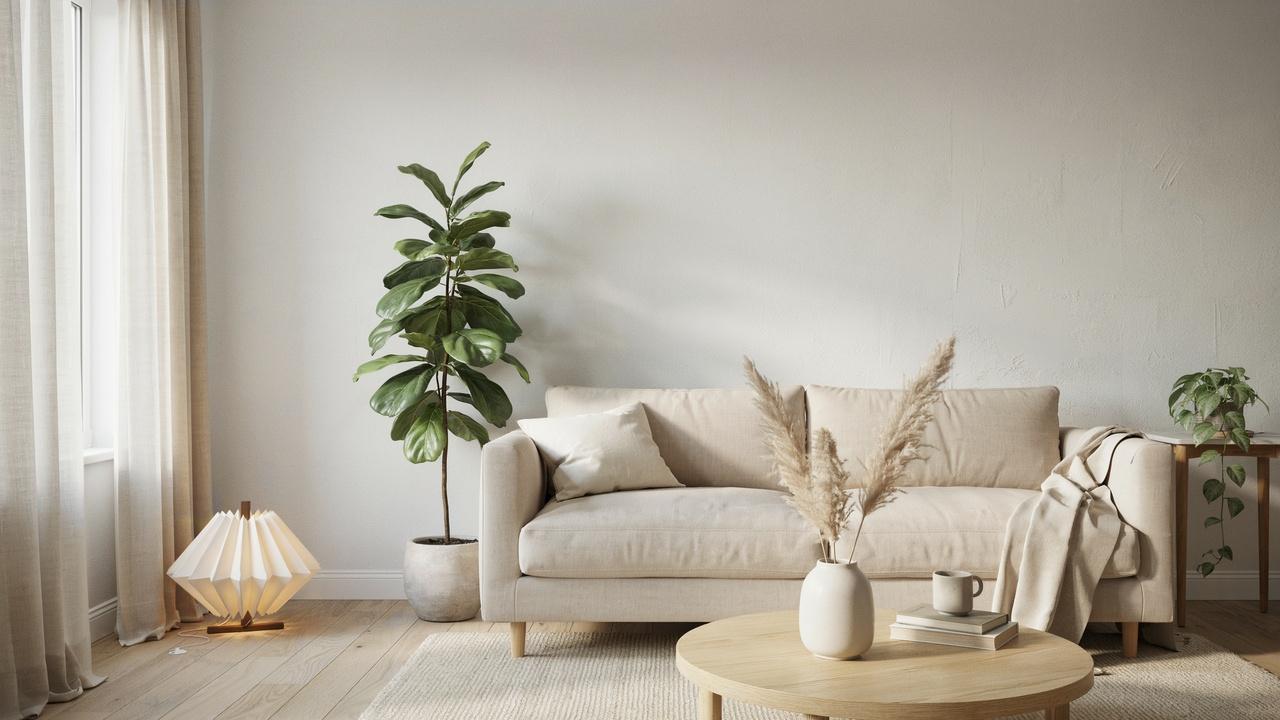 Japandi living room featuring soft white, beige, sand, and muted green tones with natural wood accents.