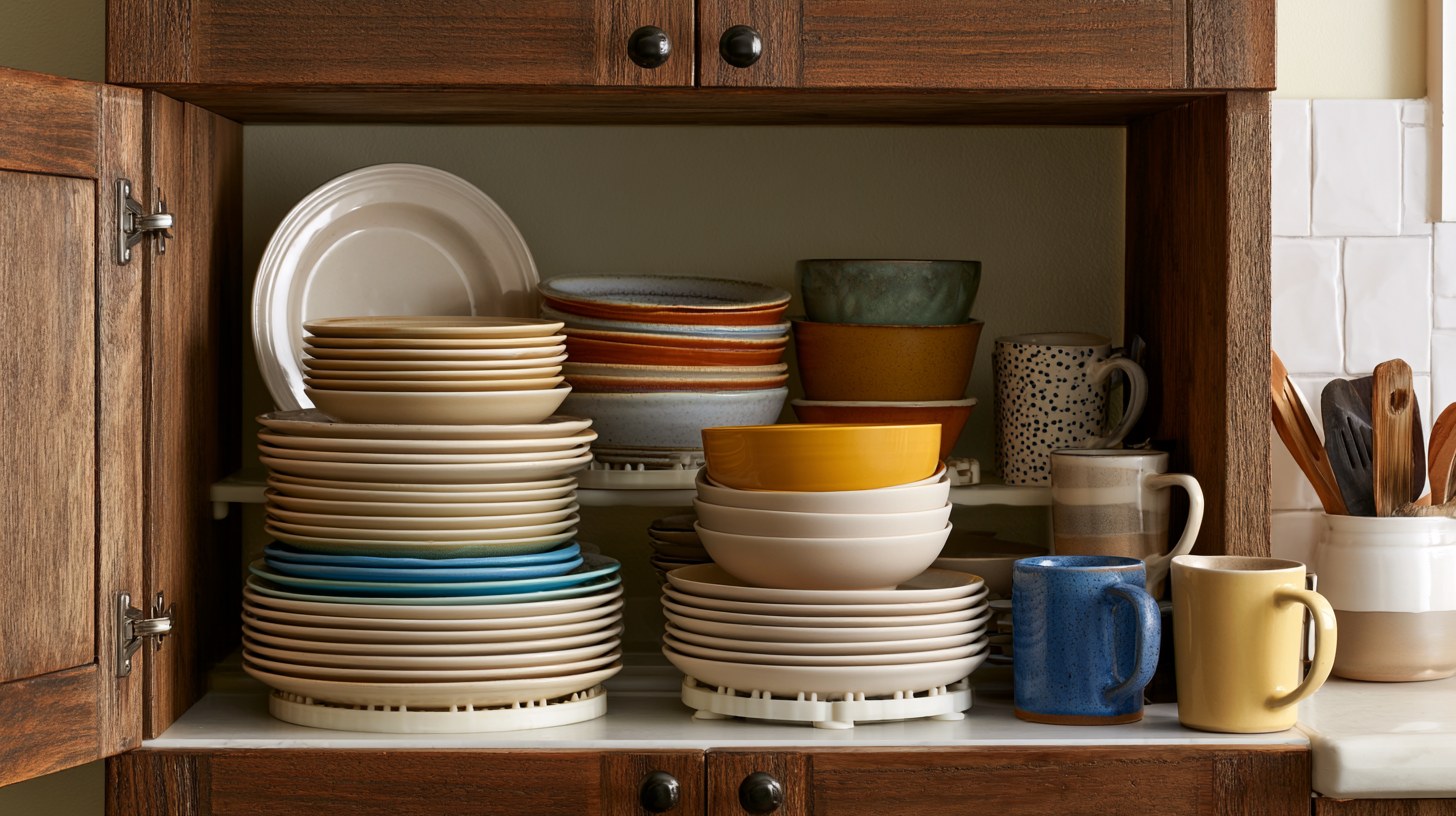 Shelf risers organizing kitchen cabinets