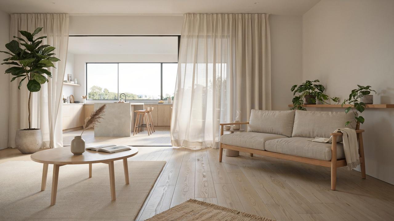 Bright Japandi interior with large windows, open spaces, natural sunlight, and airy minimalist styling.