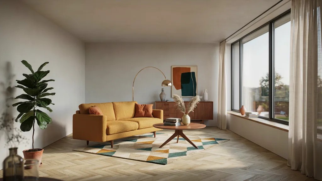 Mid-century modern interior with walnut furniture and retro-influenced design.