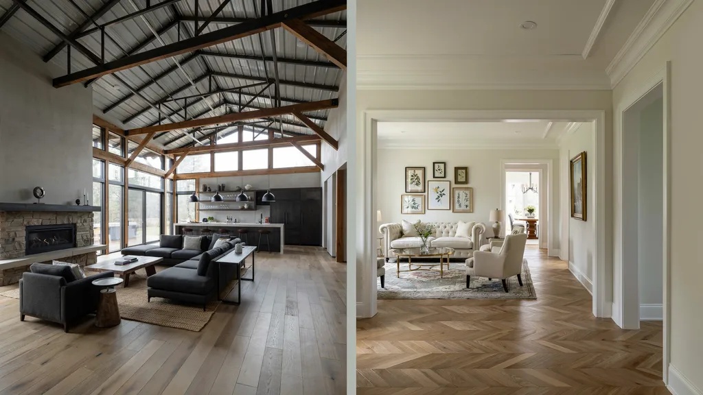 Open-concept barndominium compared with a traditional home interior layout.