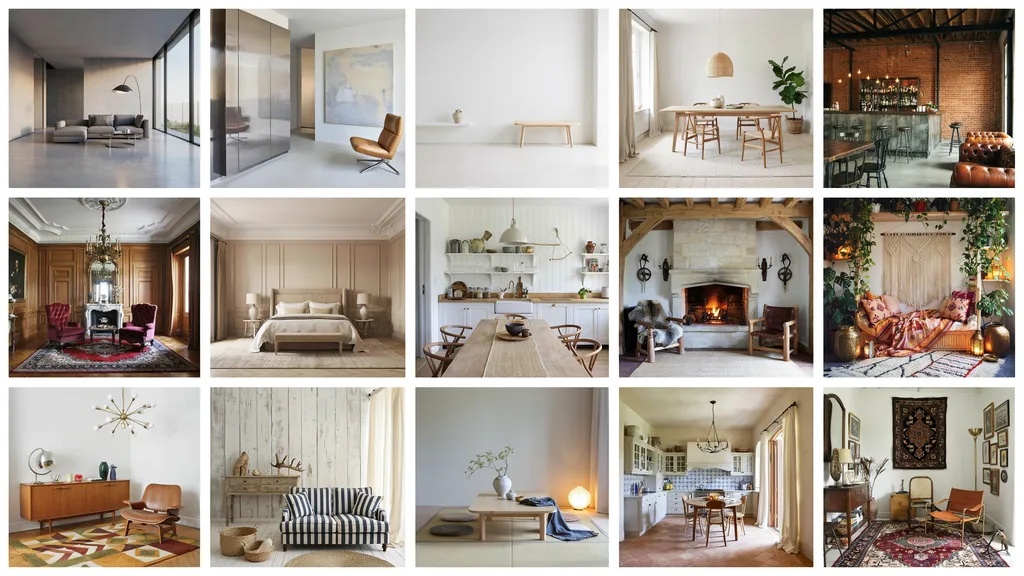 Collection of popular home interior design styles ranging from modern to eclectic interiors.
