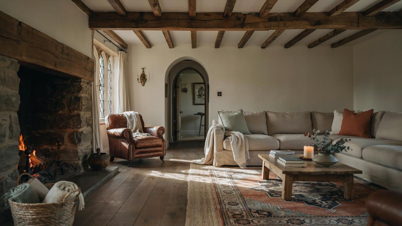 Tudor living room with exposed beams and stone fireplace.