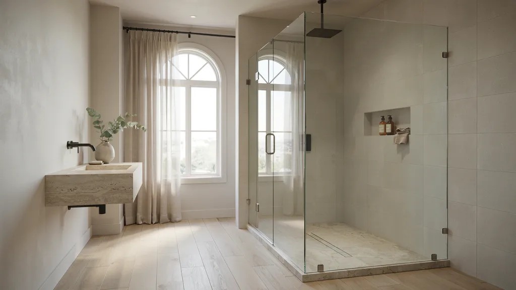 Frameless glass walk-in shower inside a modern 3/4 bathroom without a bathtub.