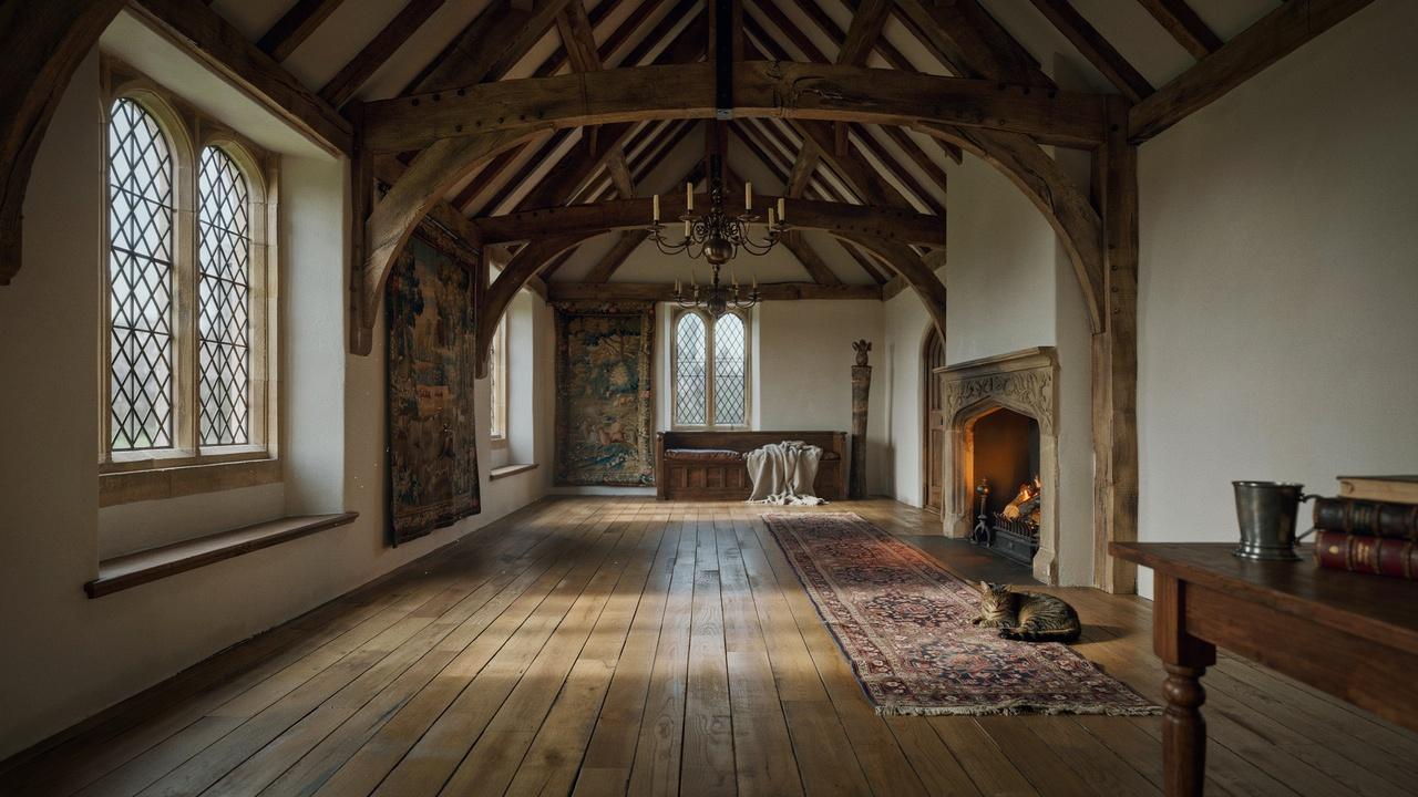 Exposed wooden beams in a Tudor style house interior.